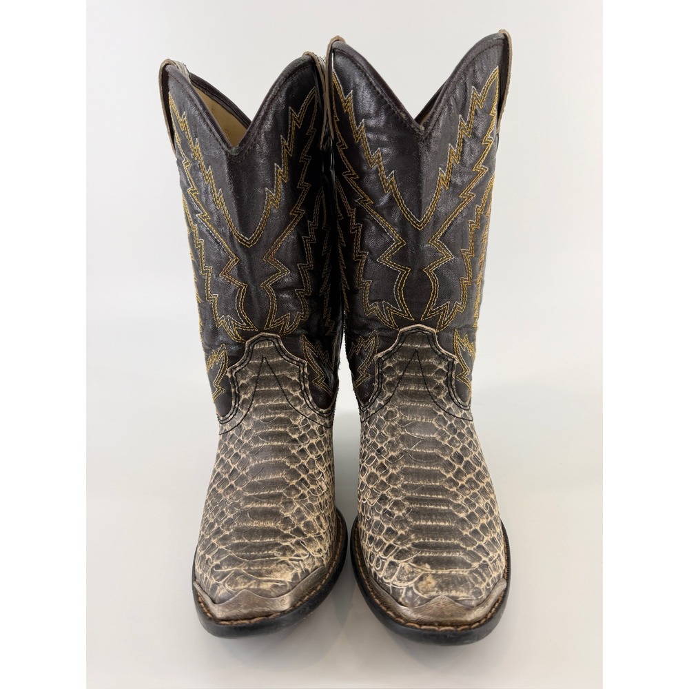 Laredo Kids Western Cowboy Boots Faux Snakeskin Brown Snip Toe Stitching 9 Inch